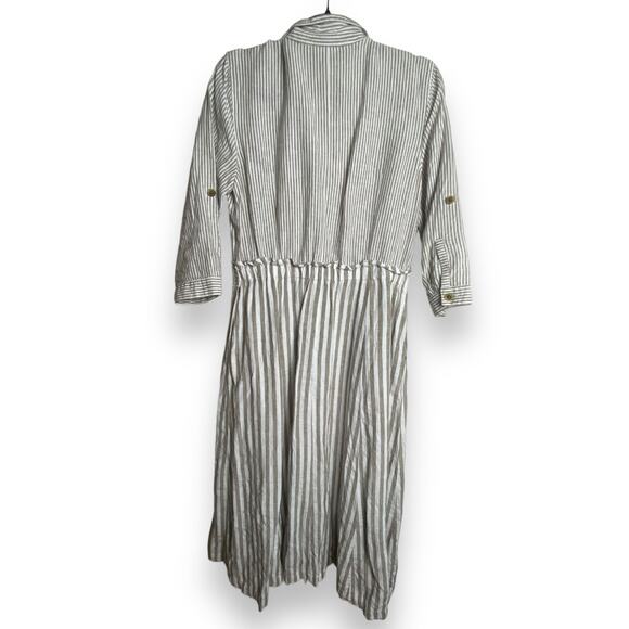 J JILL DRESS S LOVE LINEN STRIPE COTTAGECORE SHIRTDRESSLATTE TAN WHITE MAXI LONG - Picture 2 of 11